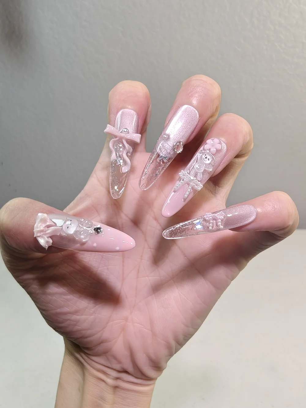 Cute Coquette Pink Glitter Long Almond Press On Nails With 3D Bow Bear Charms